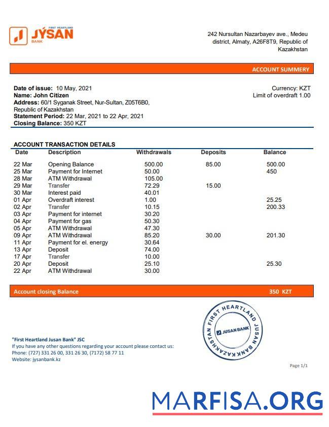 Blank Kazakhstan First Heartland Jusan bank statement word sample